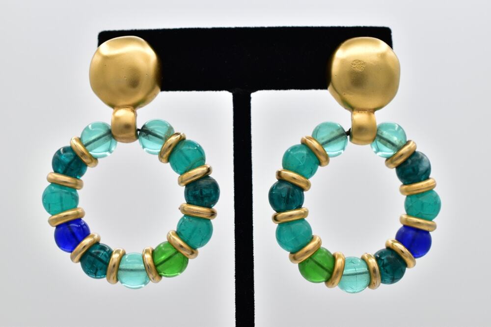 Givenchy Vintage Aqua Teal Green Beaded Gold Hoop Dangle Earrings Signed BinAK
